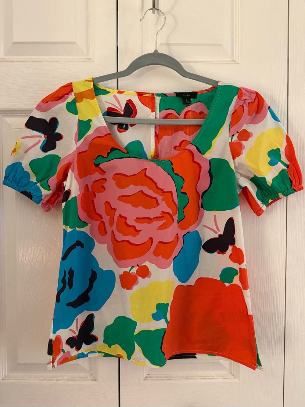 J. Crew Bright Multicolor Floral V-Neck Puff Sleeve Top